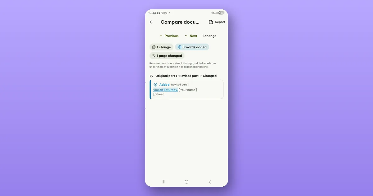 A phone screen with a comparison result: one change, three words added, one page changed, and the added words underlined.