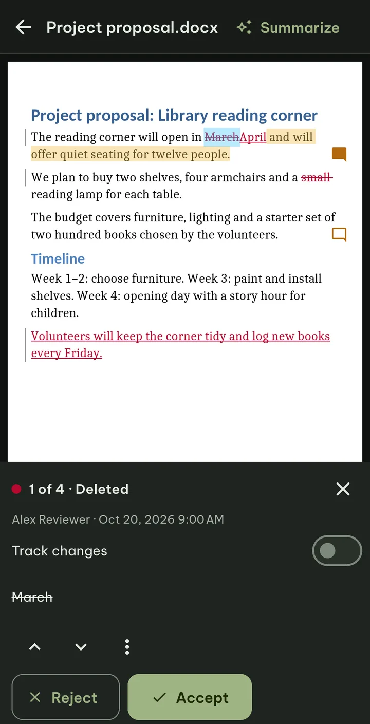A .docx with tracked changes: deleted text struck through, inserted text underlined, comment markers in the margin, and the Review bar at the bottom showing 1 of 4, Deleted, by Alex Reviewer, with Reject and Accept