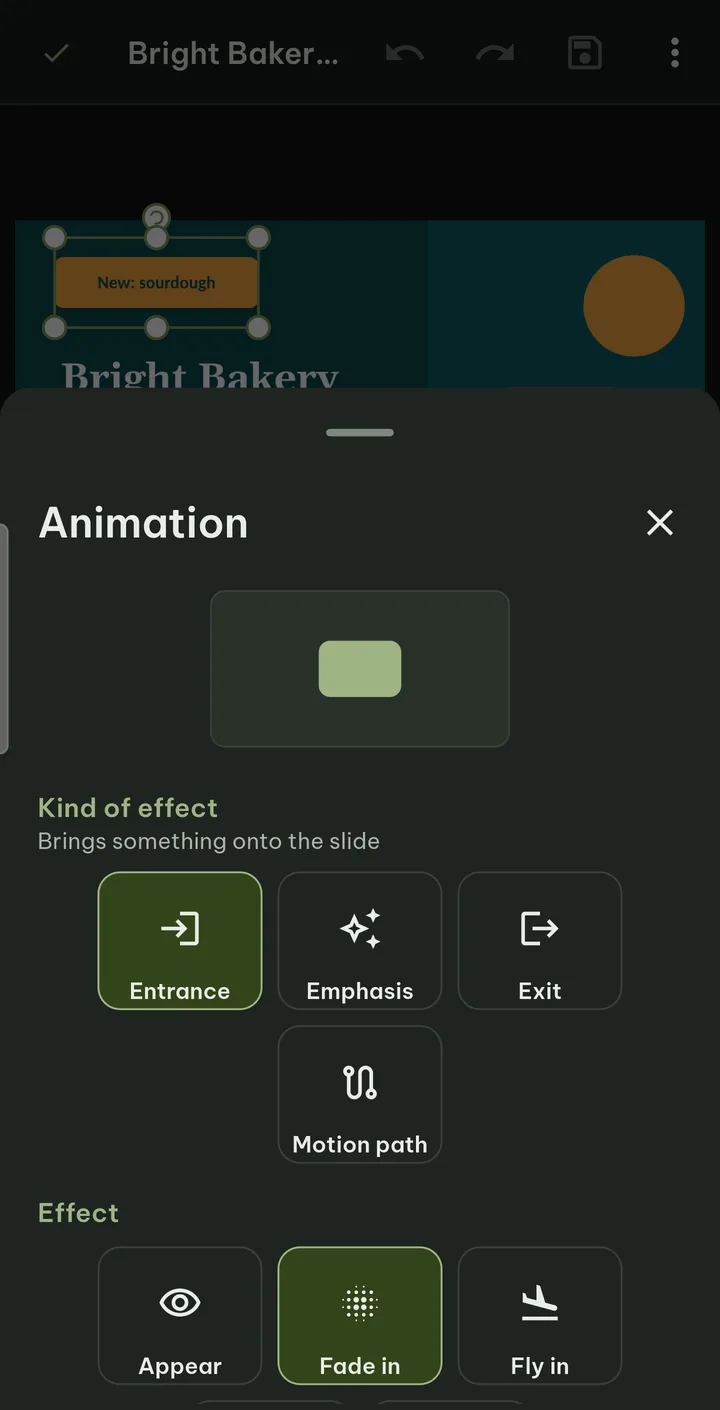 The Animation panel over a slide: a preview at the top, Kind of effect with Entrance selected, and Effect with Appear, Fade in and Fly in