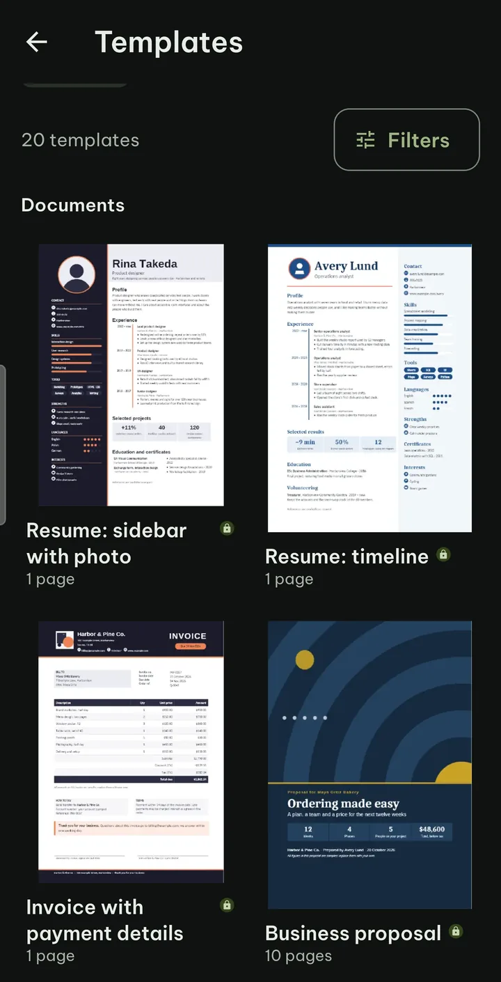 The Templates screen with 20 templates, a Filters button and previews of two resumes, an invoice and a business proposal