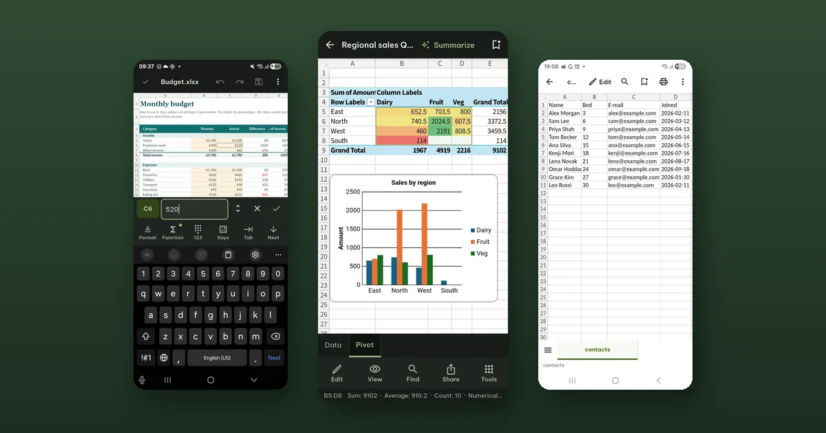 Three phones: a spreadsheet with a cell being edited, a pivot table with a column chart below it, and a CSV file shown as a grid.