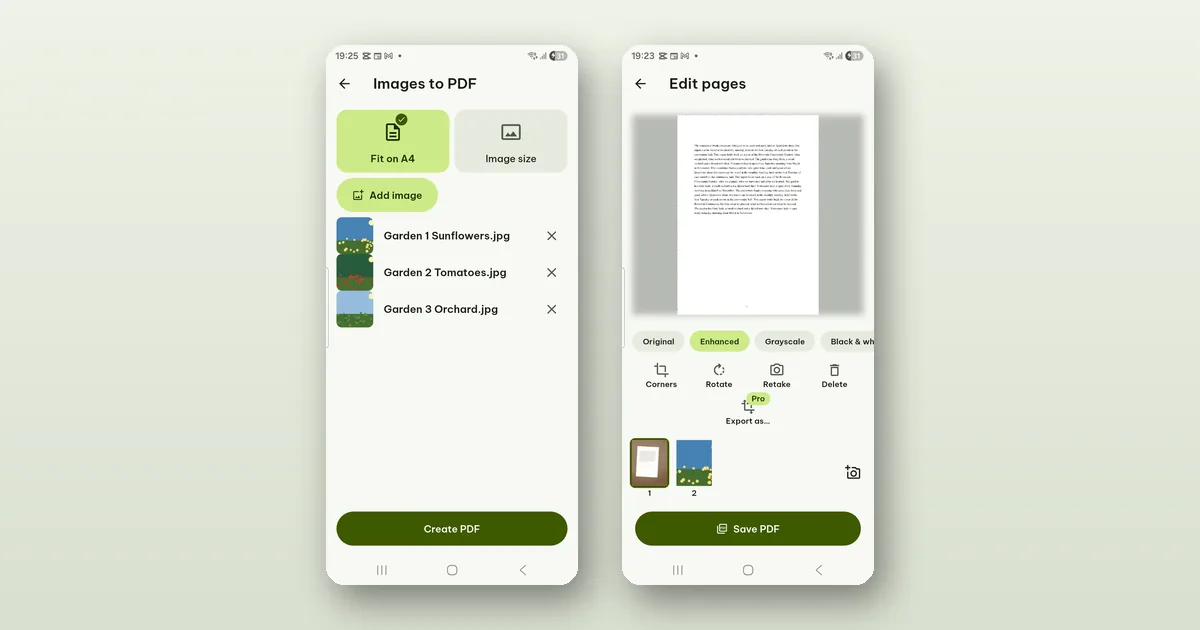 Two phone screens: Images to PDF with three photos in a list and the Create PDF button, and the Edit pages screen of a scan with filters and a page strip.