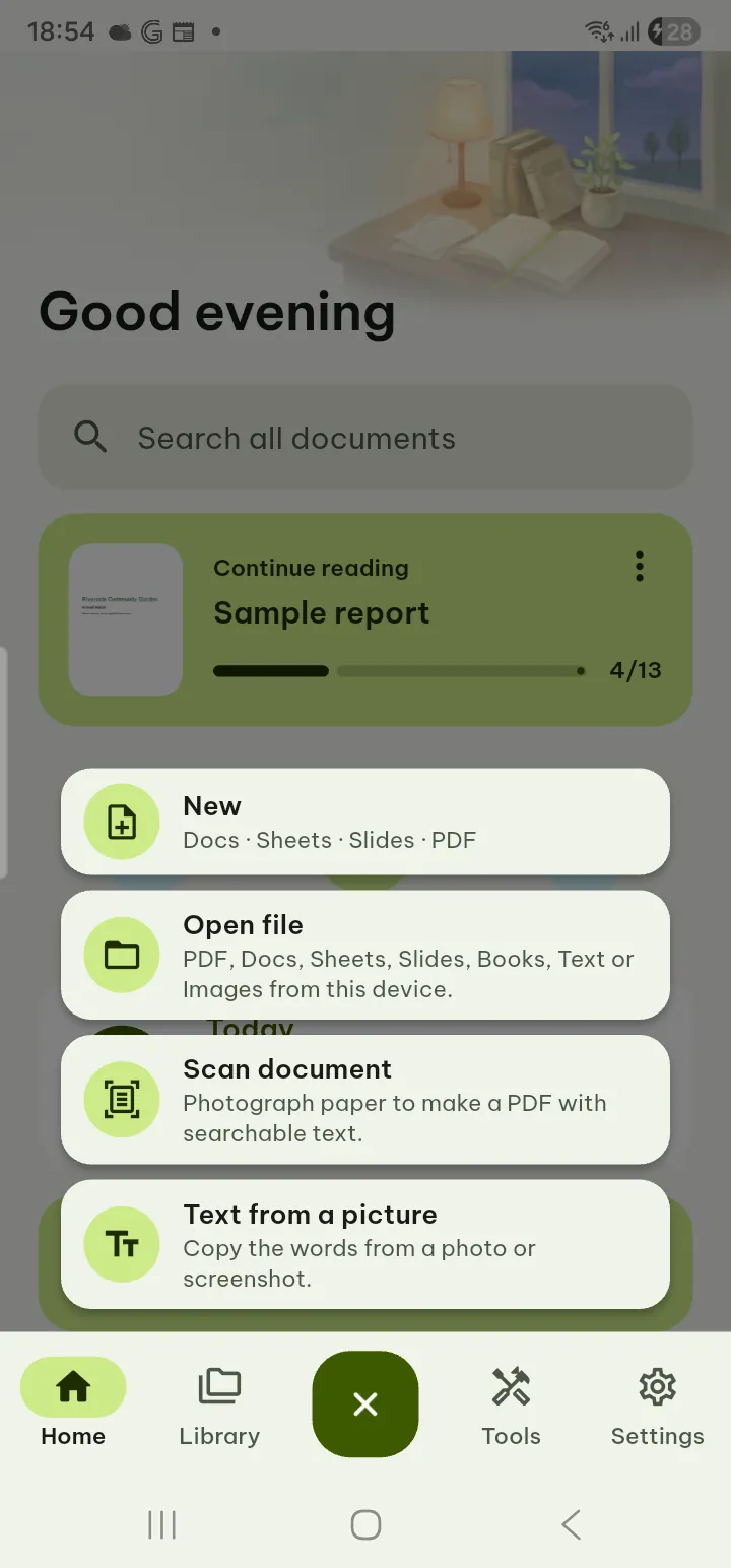The + menu open with New, Open file, Scan to PDF and Text from a picture