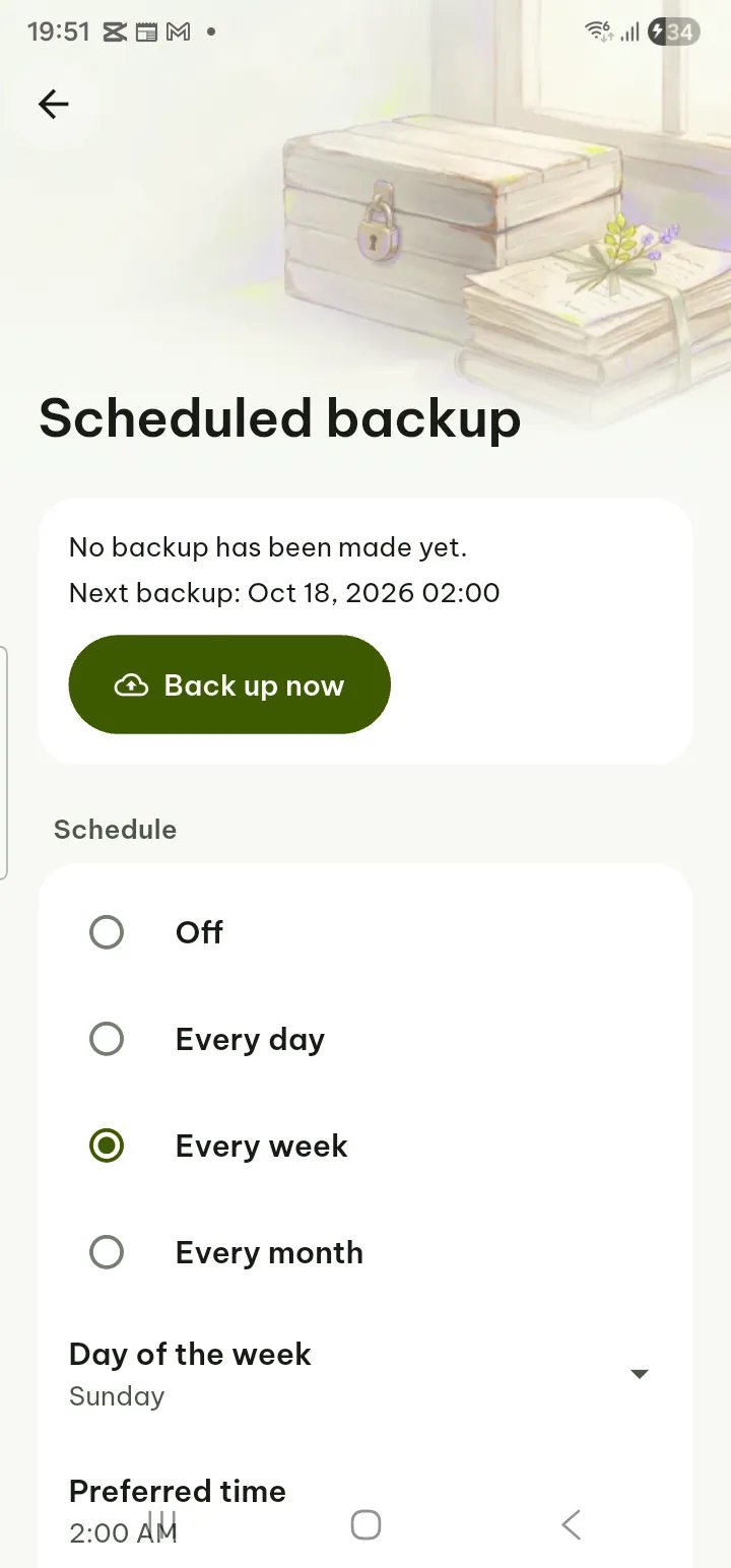 The Scheduled backup page with schedule and folder settings