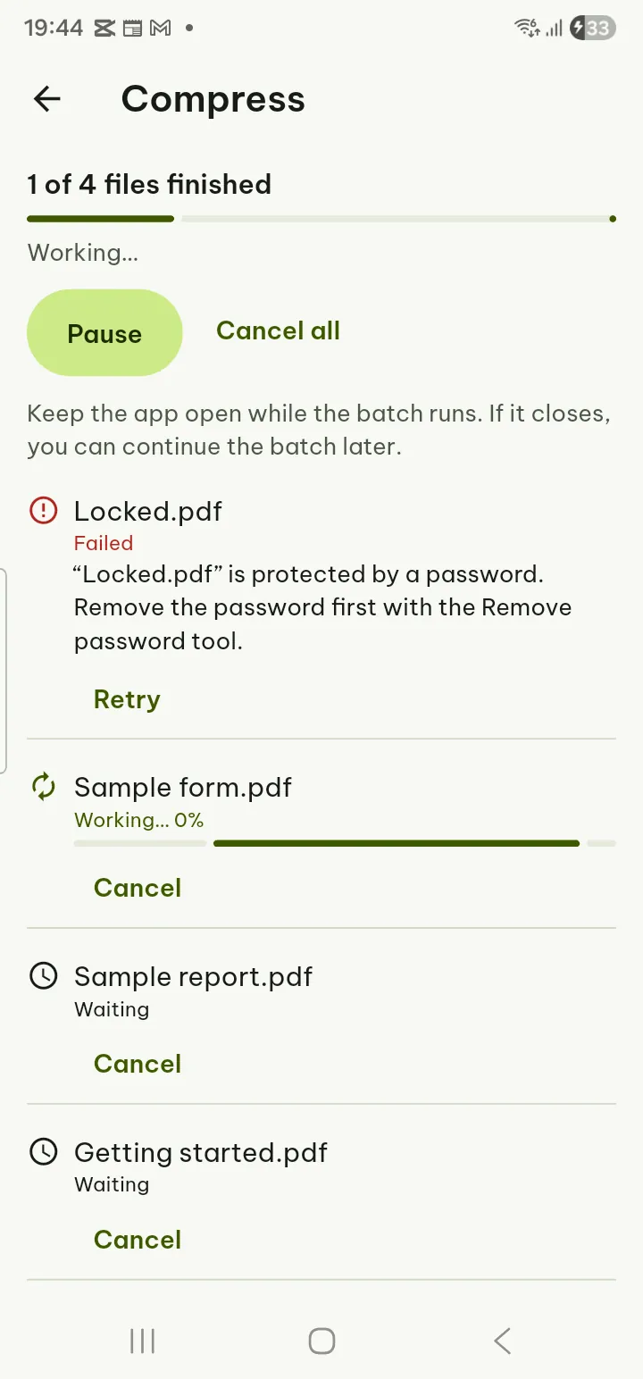 A batch in progress with a list of files and their state