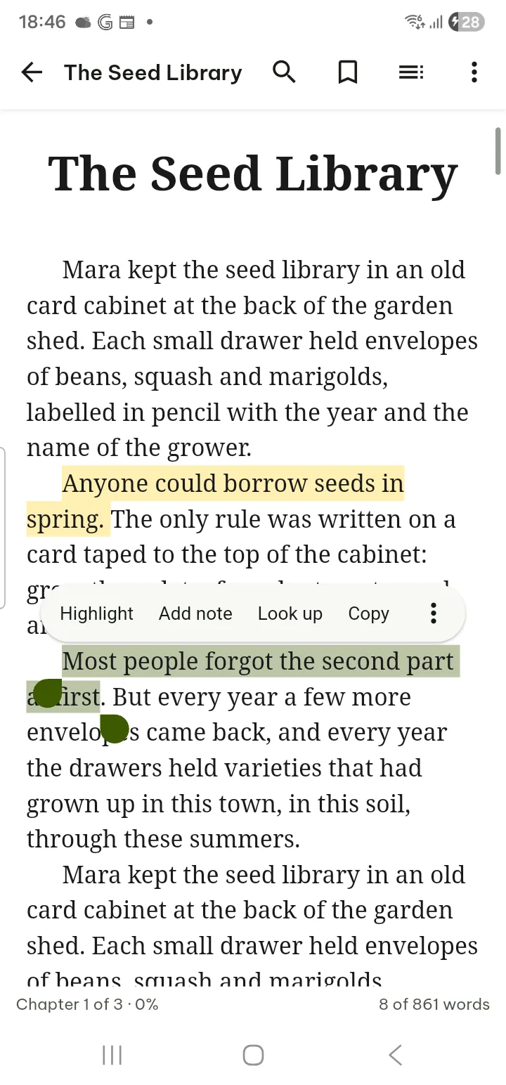 Highlighted text in a book with the selection menu