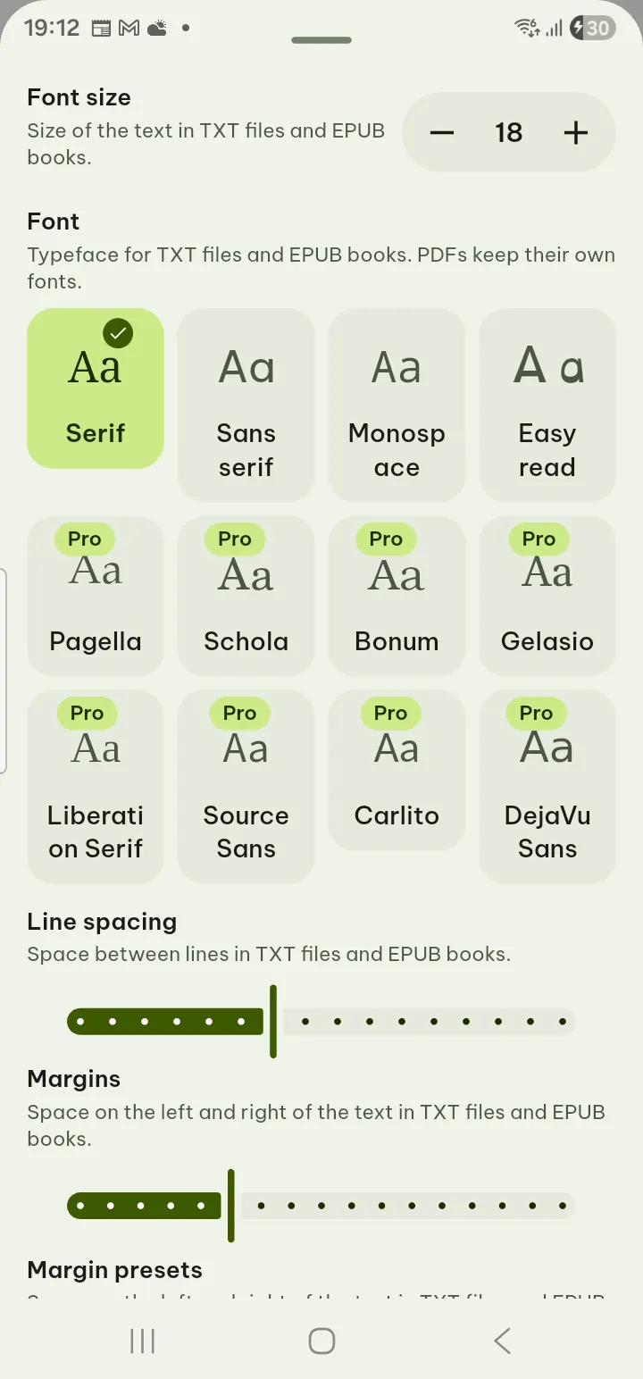 The Text settings panel of the book reader