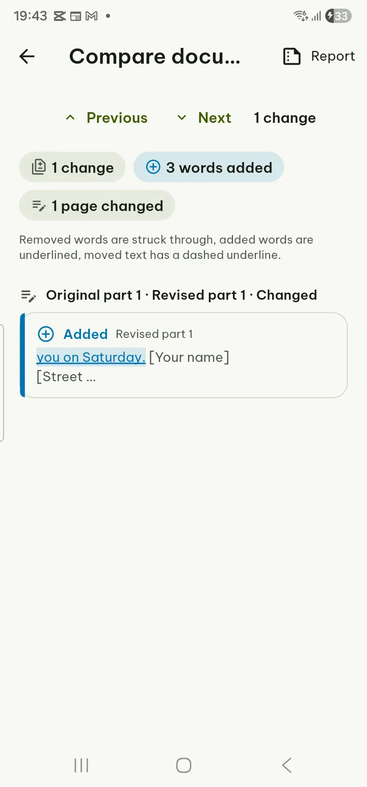 The comparison result with added and removed words marked