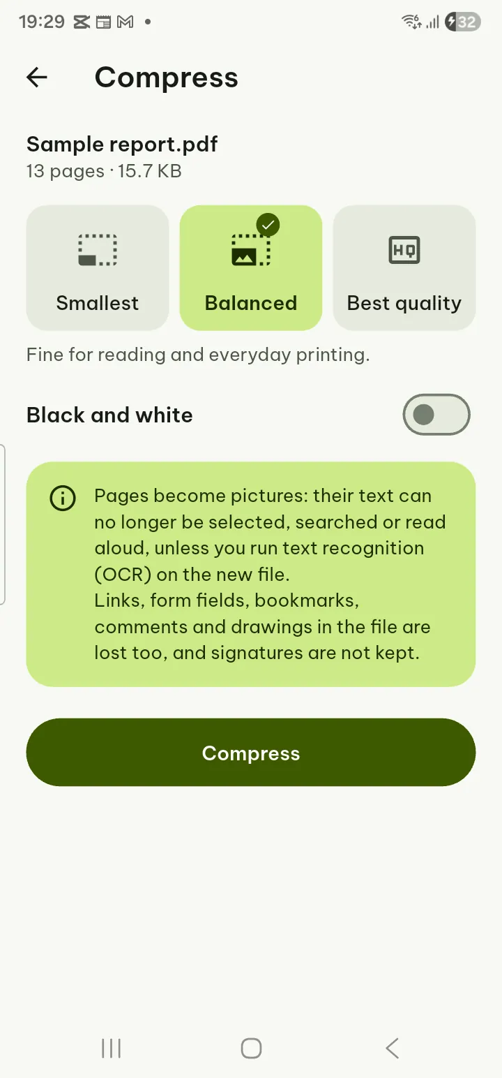 The Compress PDF screen with the three quality levels