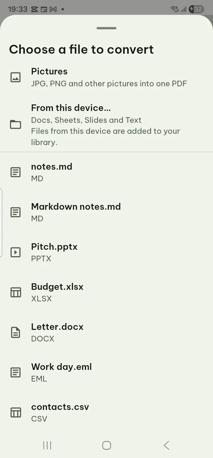 The Convert to PDF chooser listing documents from the library