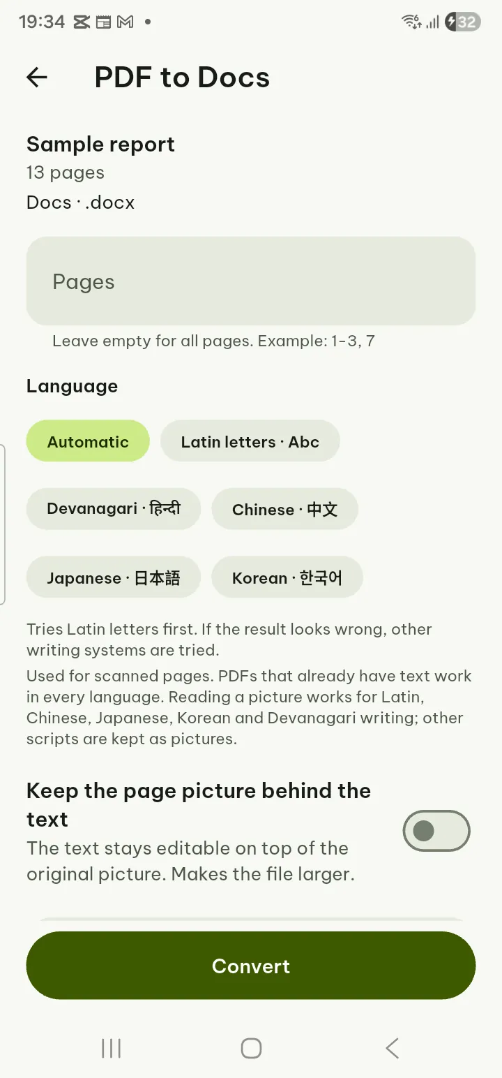The PDF to Docs options screen with pages and language