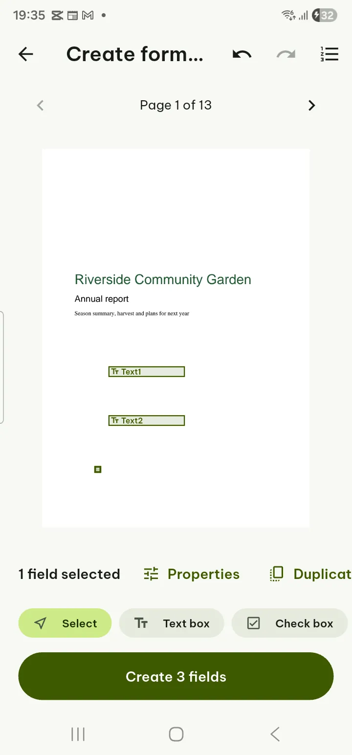 Form fields being placed on a PDF page with the field type row at the bottom