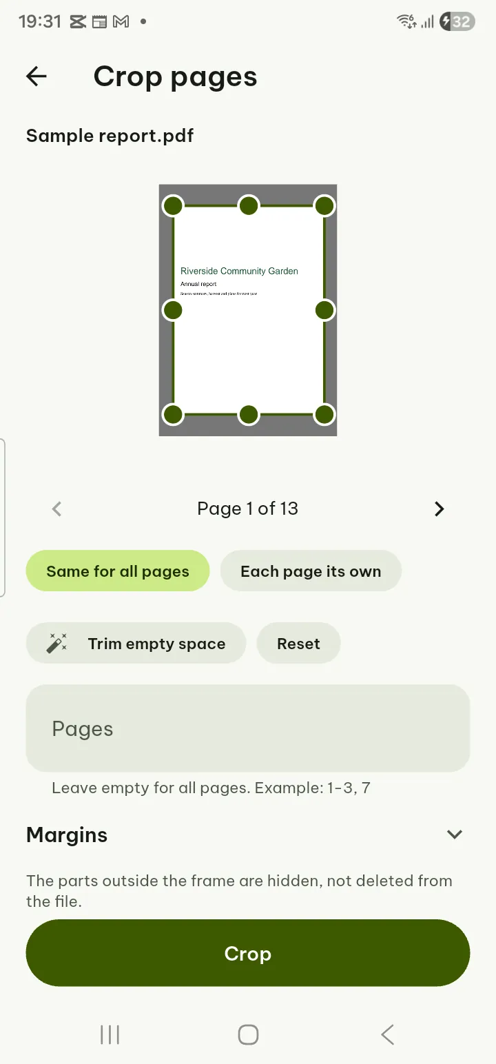 A PDF page with a crop frame and margin sliders