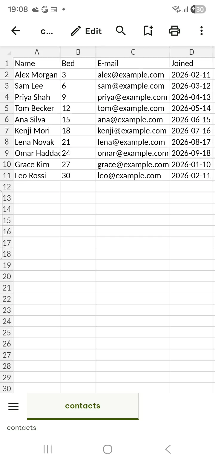 A CSV file shown as a grid