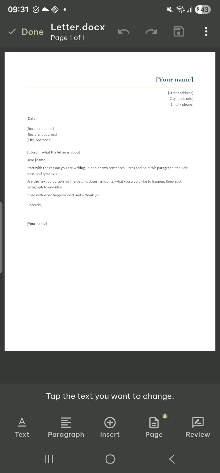 A .docx page in the editor with Done, Undo, Redo, Save and the named tabs of the editing bar