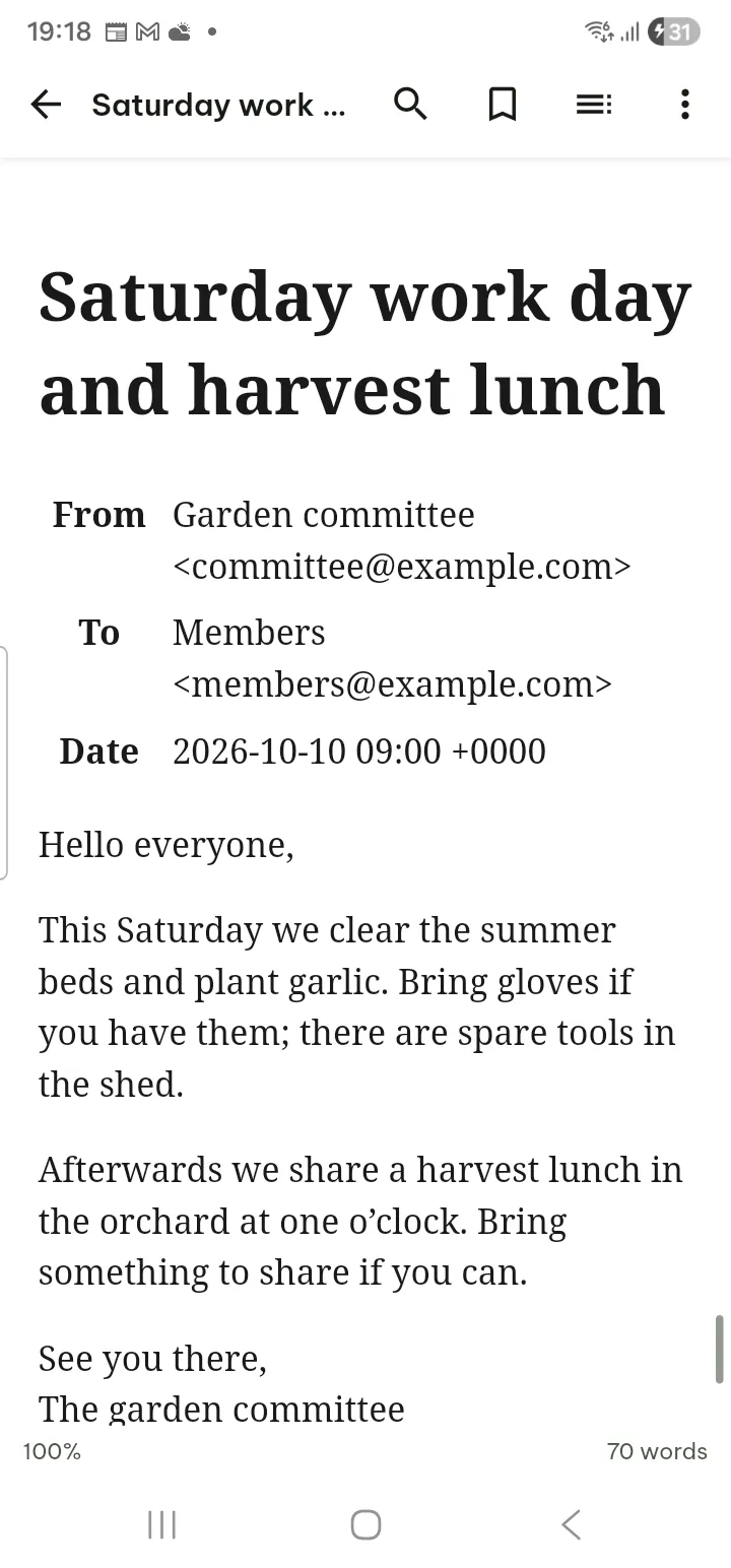 An e-mail message with its header fields