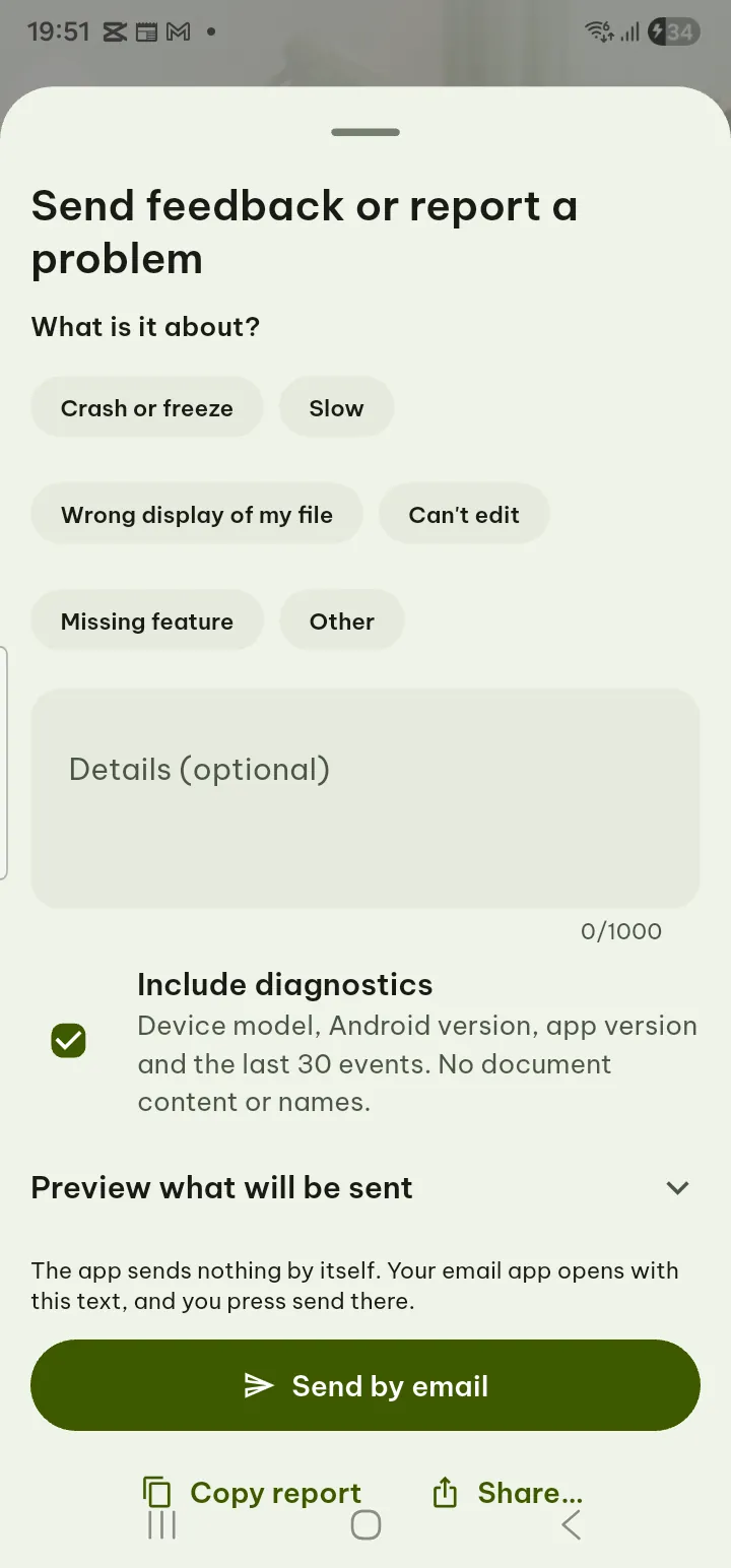 The Send feedback sheet