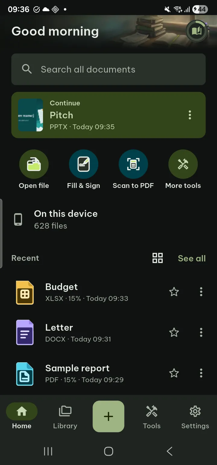 The Home screen with the greeting, the Your reading button, search, the four buttons and Recent