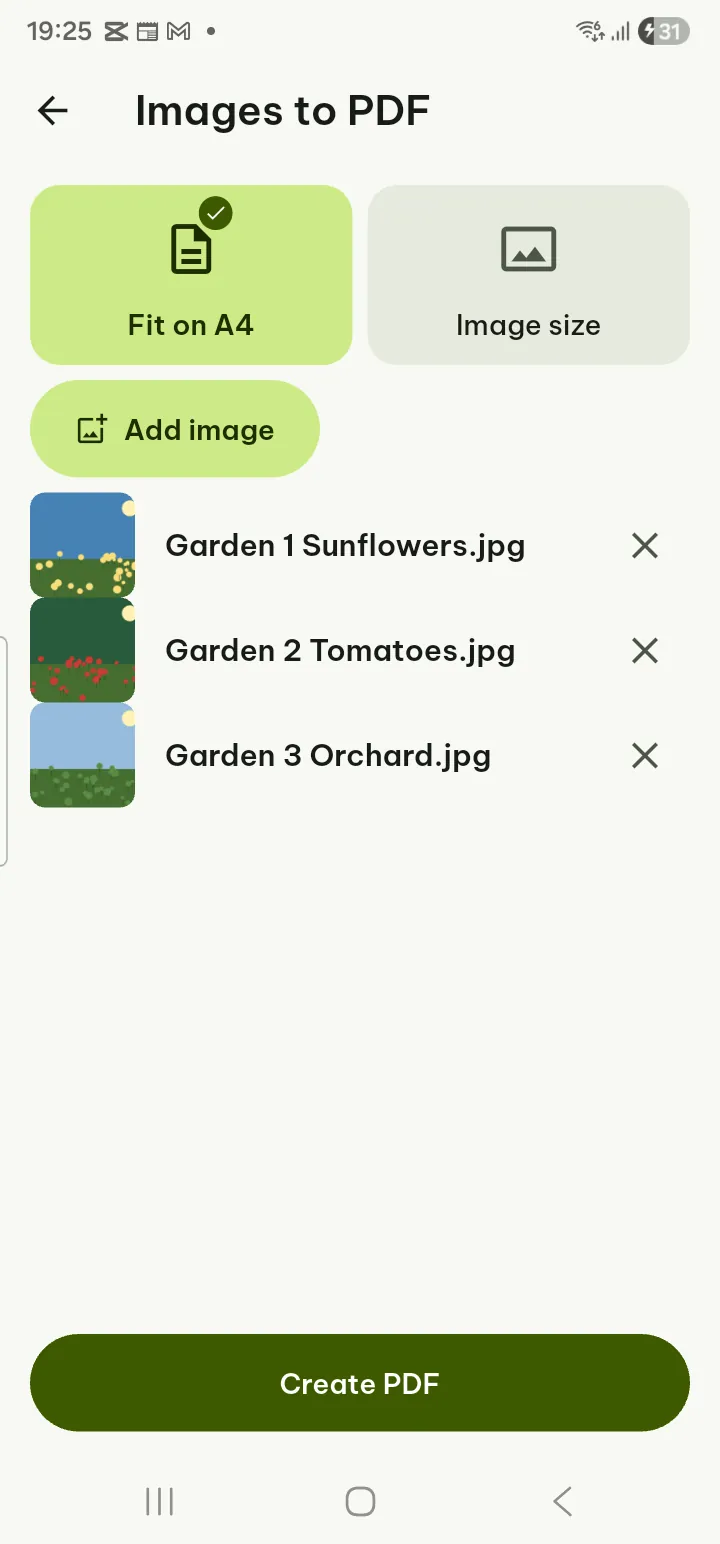 The Images to PDF screen with three pictures in order and the Create PDF button