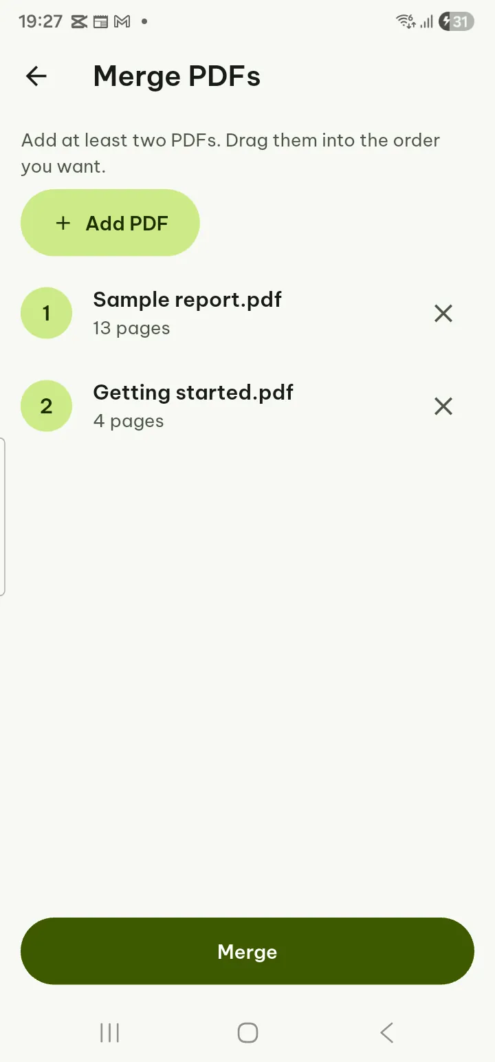 The Merge PDFs screen with two files listed in order