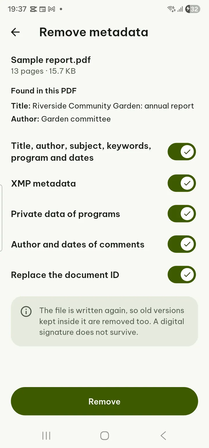 The Remove metadata screen listing what was found in the file