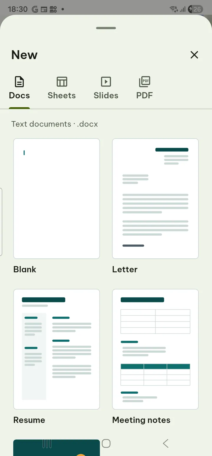 The New sheet on the Document tab with template thumbnails