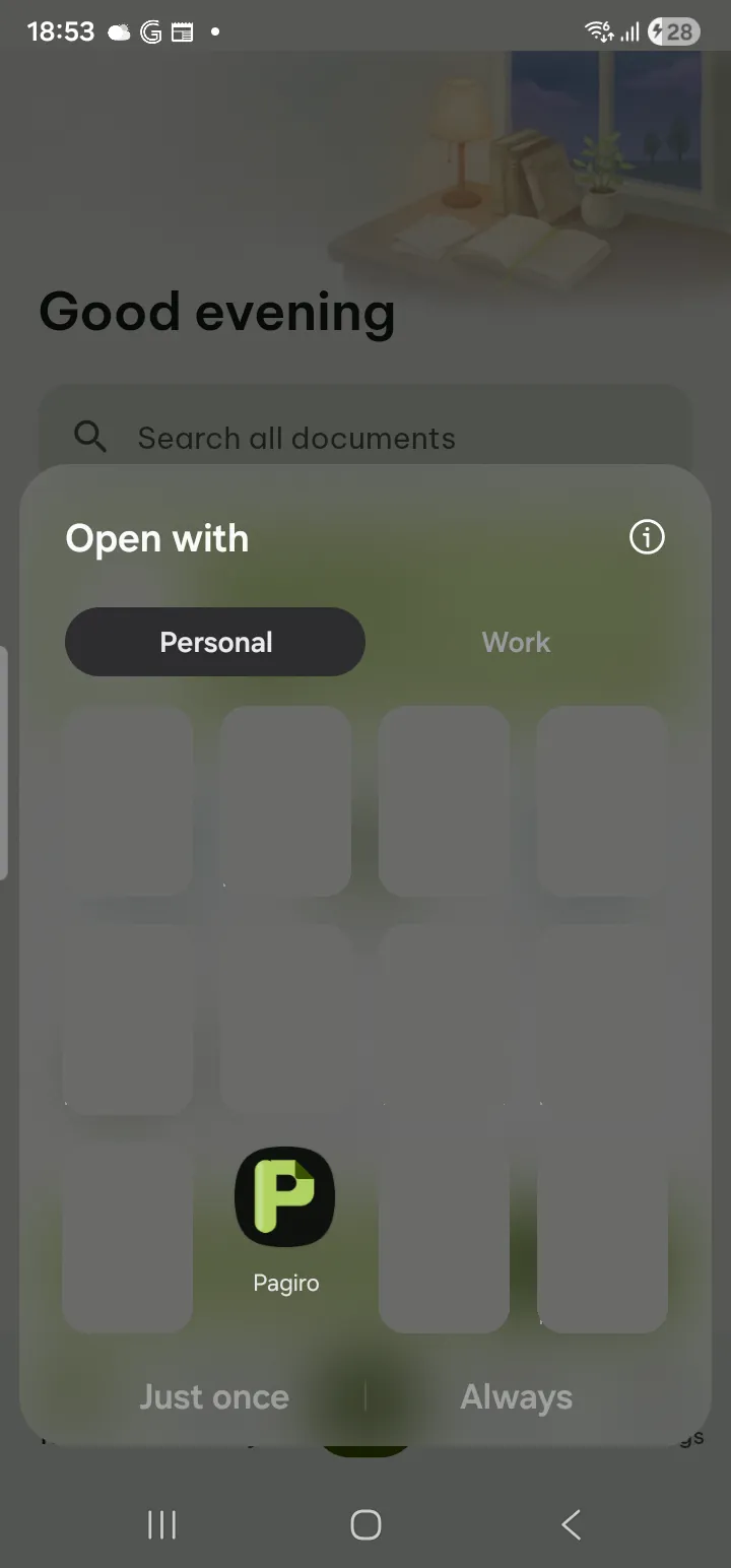 The Android Open with chooser with Pagiro in the list