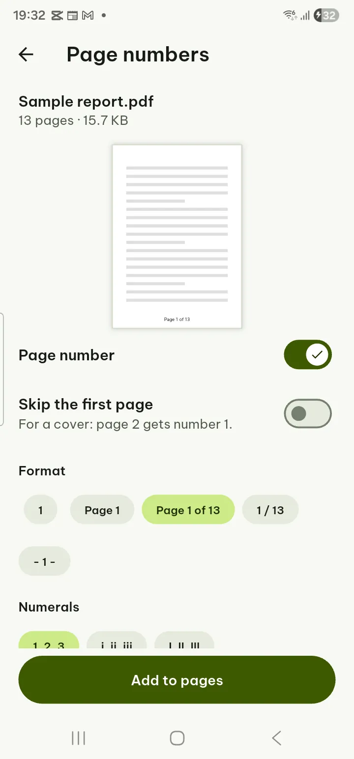 The Page numbers screen with a footer preview