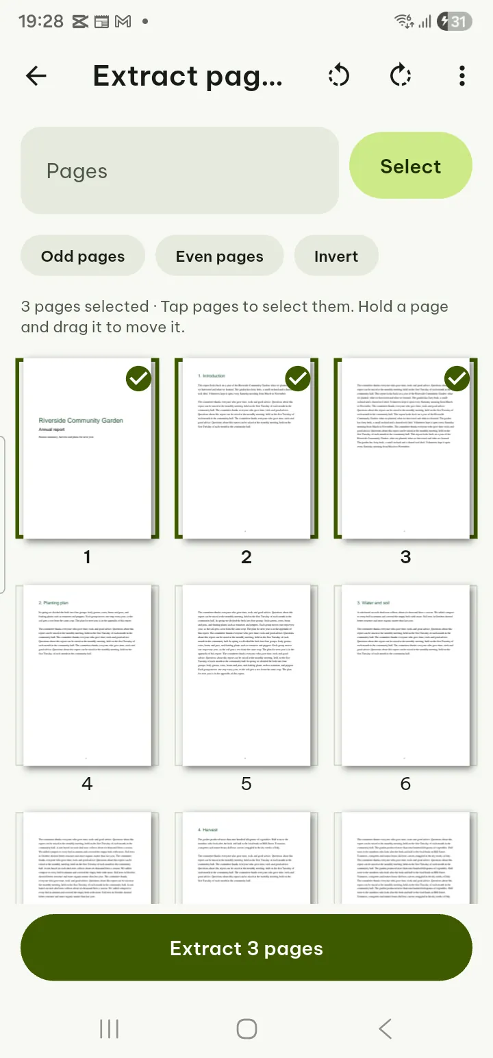A grid of PDF page thumbnails with three pages selected and the Extract button