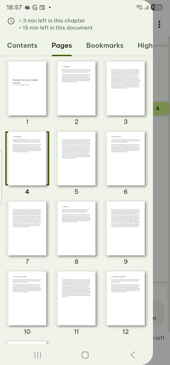 The PDF reader with the navigation drawer open on the Pages tab