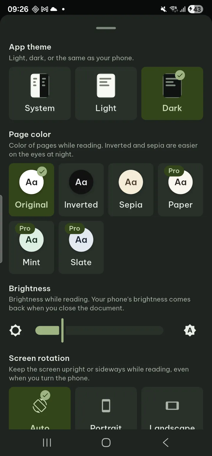 The Display sheet with page color choices
