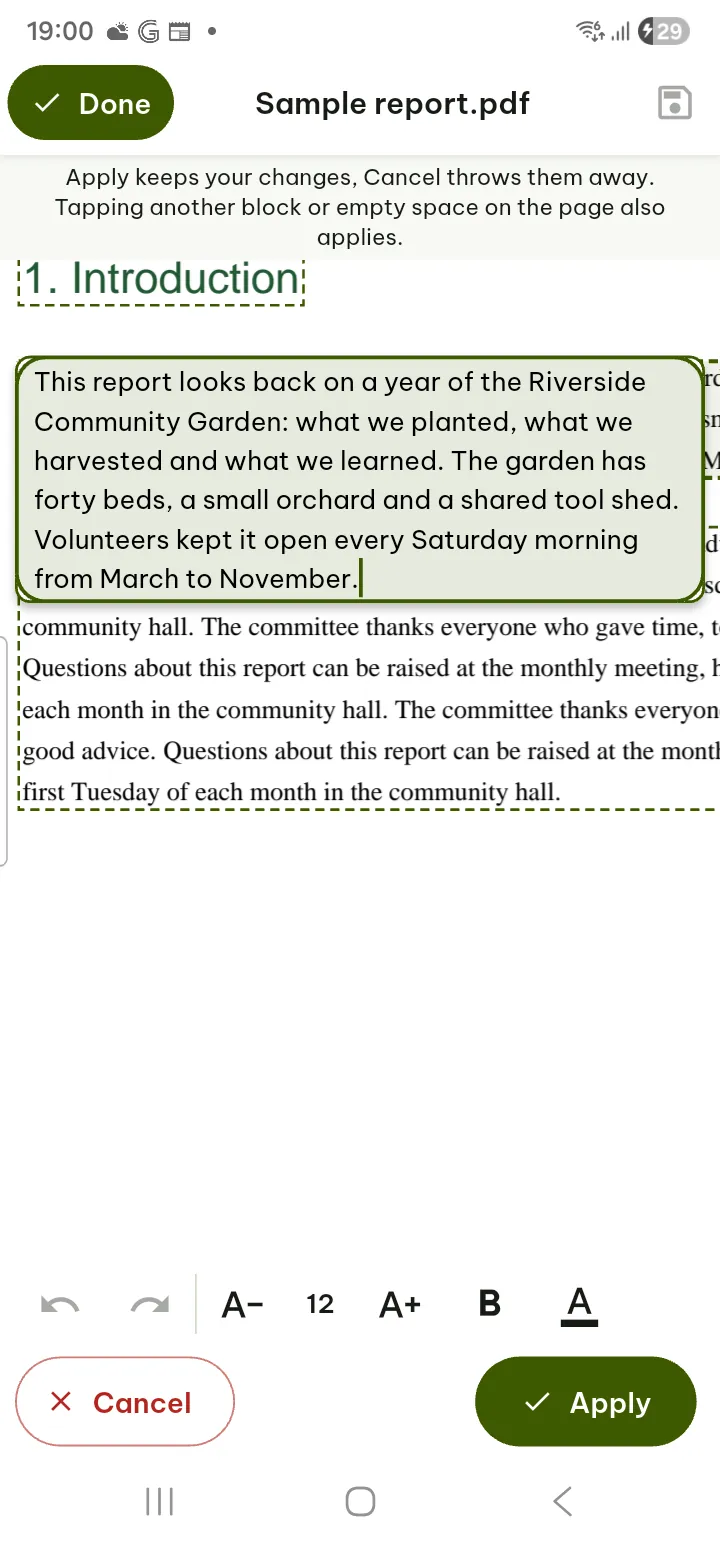 A paragraph of a PDF in a dashed edit box with the formatting buttons