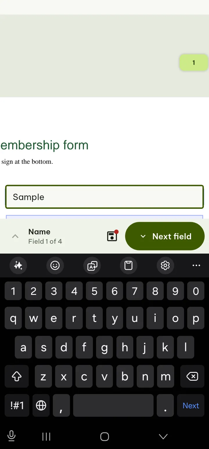 A PDF form with a text field being filled in and the keyboard open