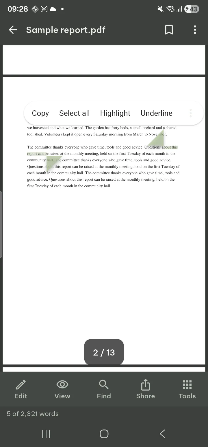Selected text on a PDF page with the Highlight menu