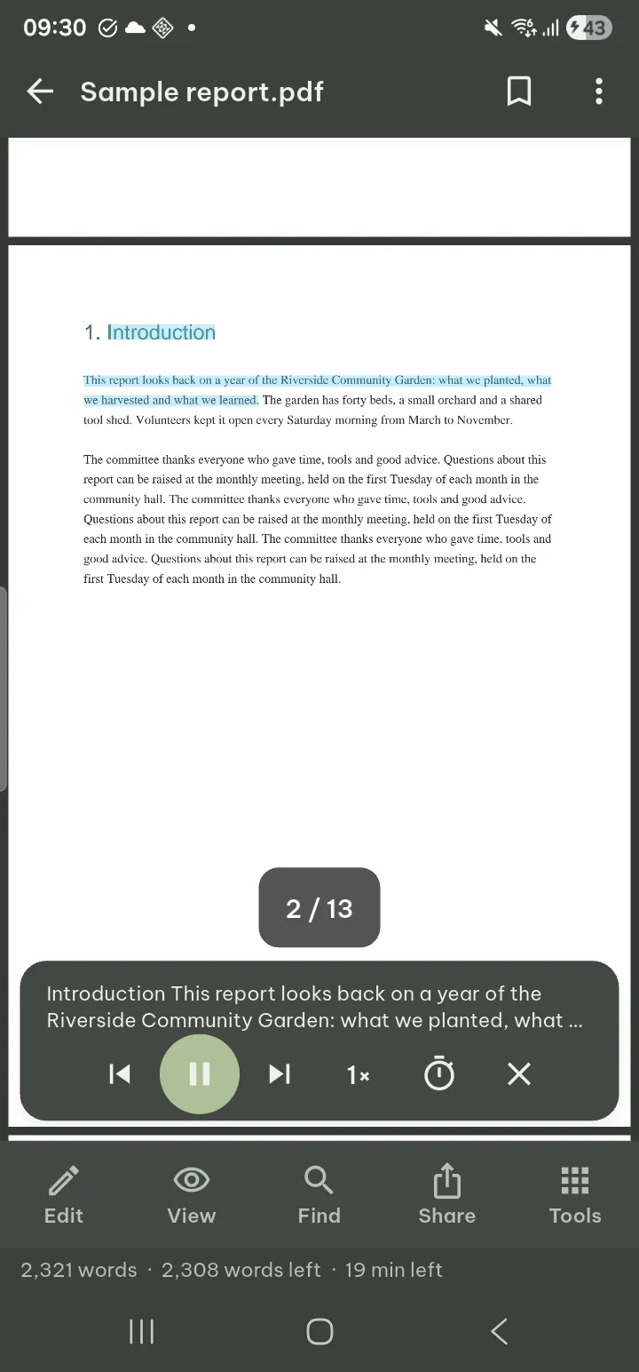 The read-aloud panel with play, speed and sleep timer controls