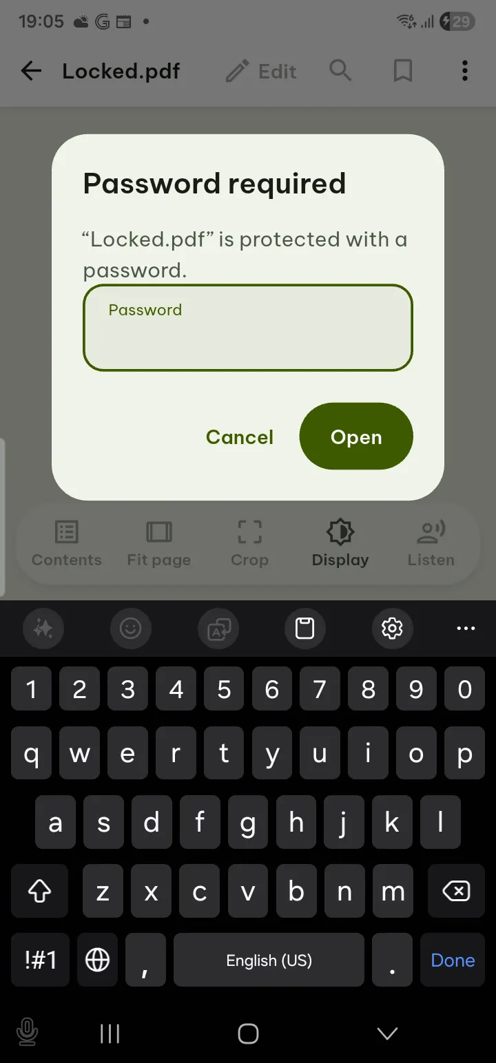 The Password required dialog for a protected PDF