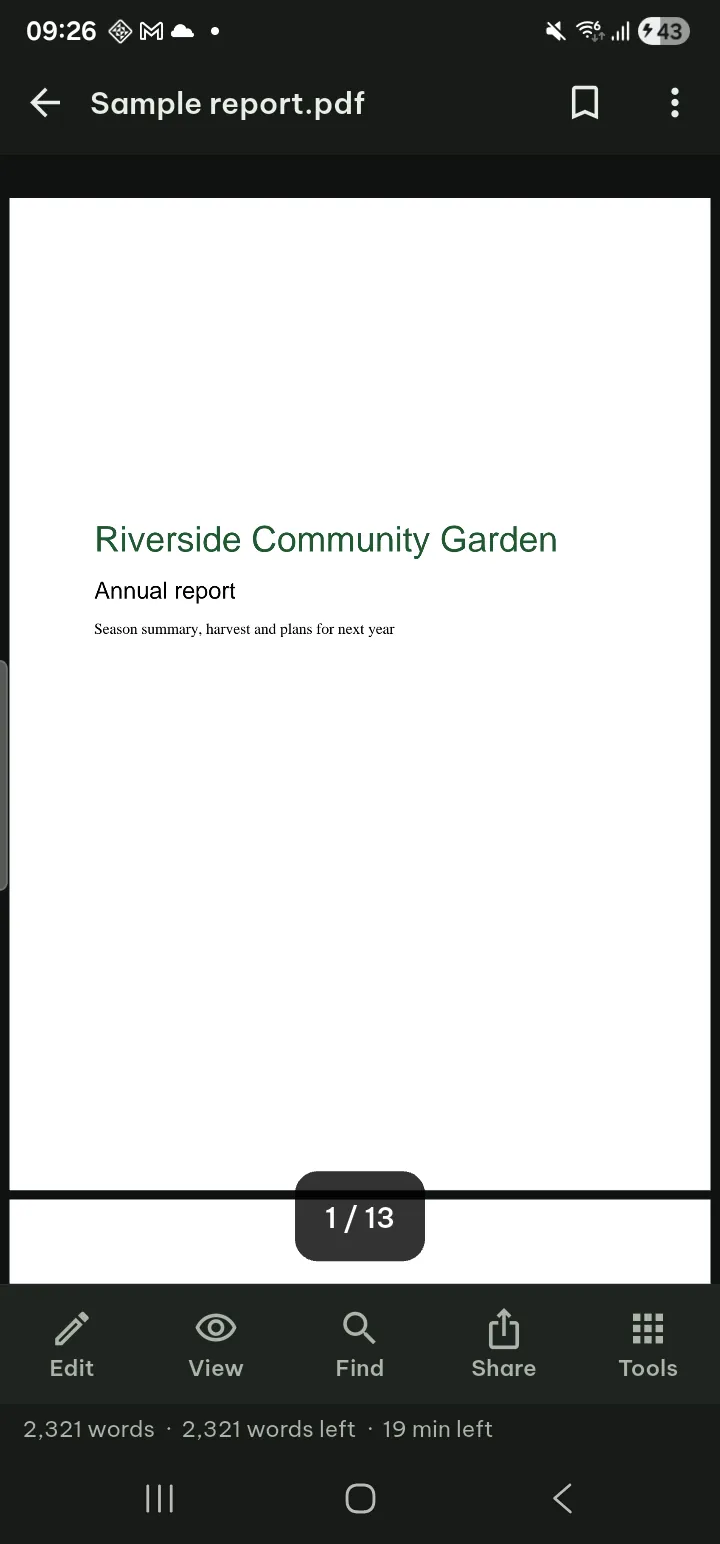A PDF page in the reader with the top and bottom bars shown