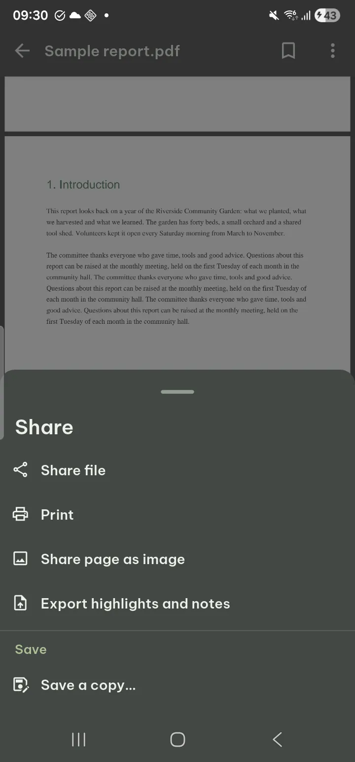 The Share sheet of the PDF reader