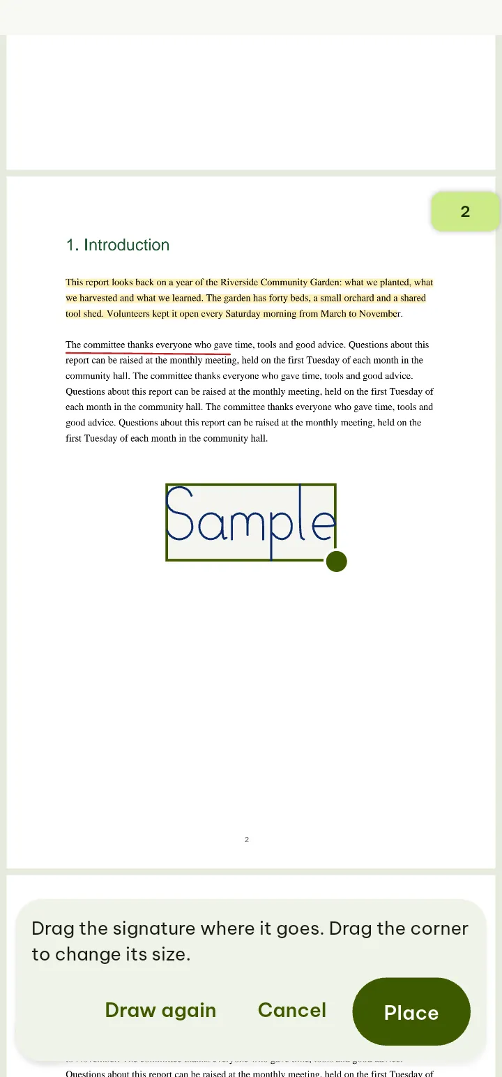 A drawn signature being placed on a PDF page