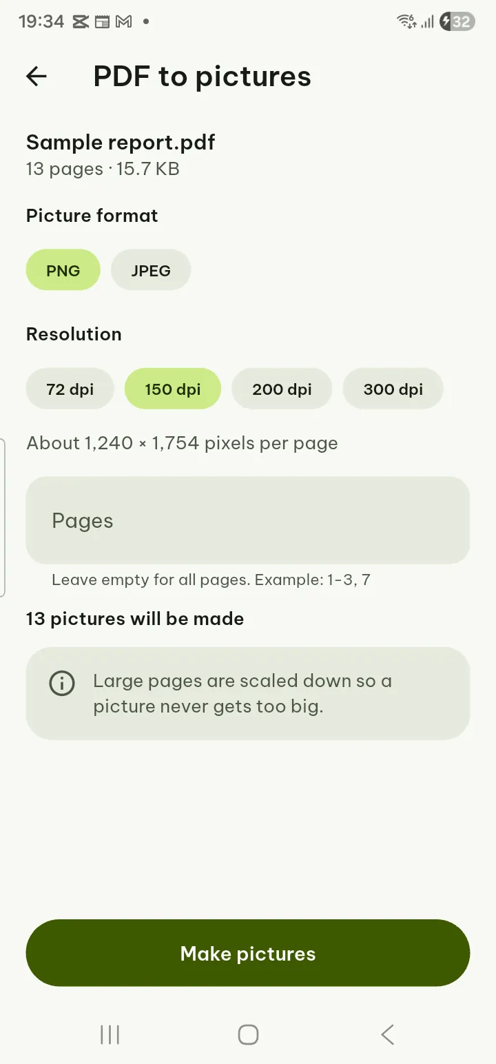 The PDF to images screen with format and resolution choices