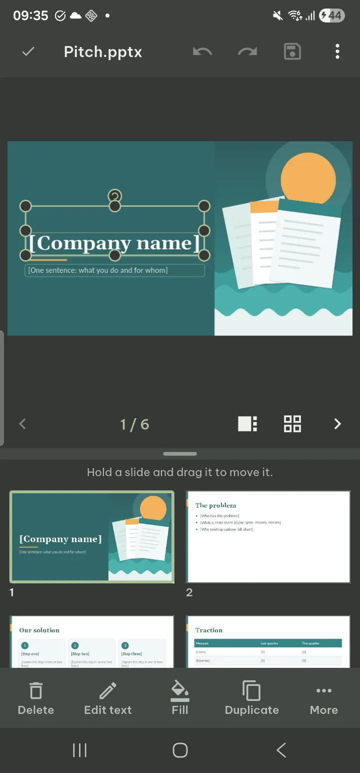 A slide in edit mode with a text box selected and the slide editing bar
