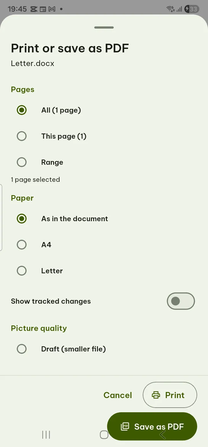 The Print or save as PDF sheet of a document with paper and page options