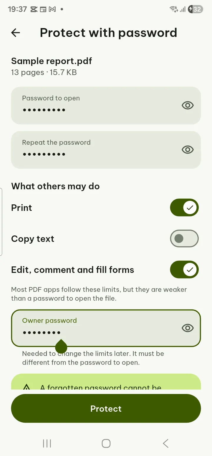 The Add password screen with the permission switches