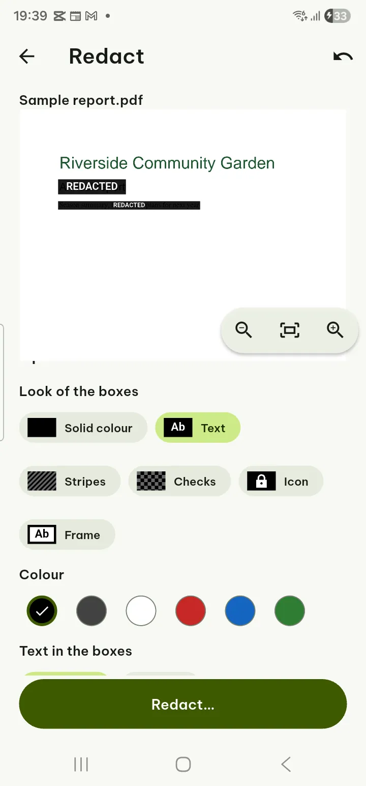 A PDF page zoomed in with two redaction boxes and the look picker