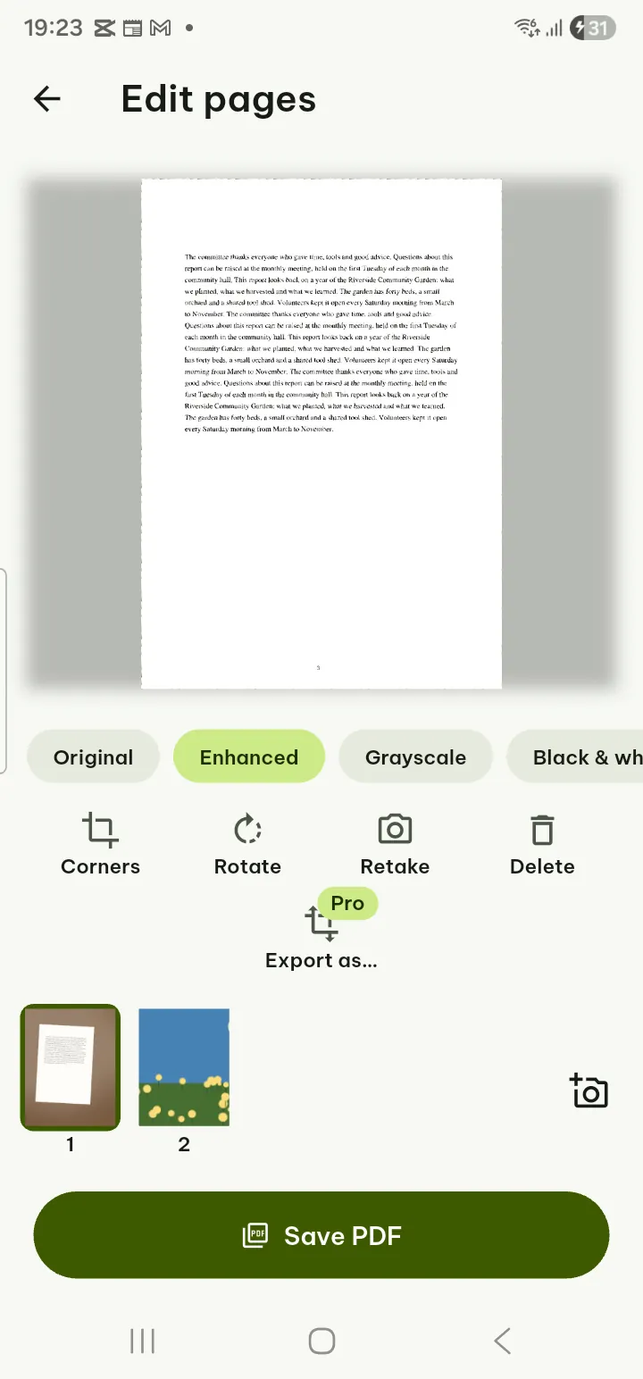 The Edit pages screen of a scan with filter buttons and a strip of page thumbnails