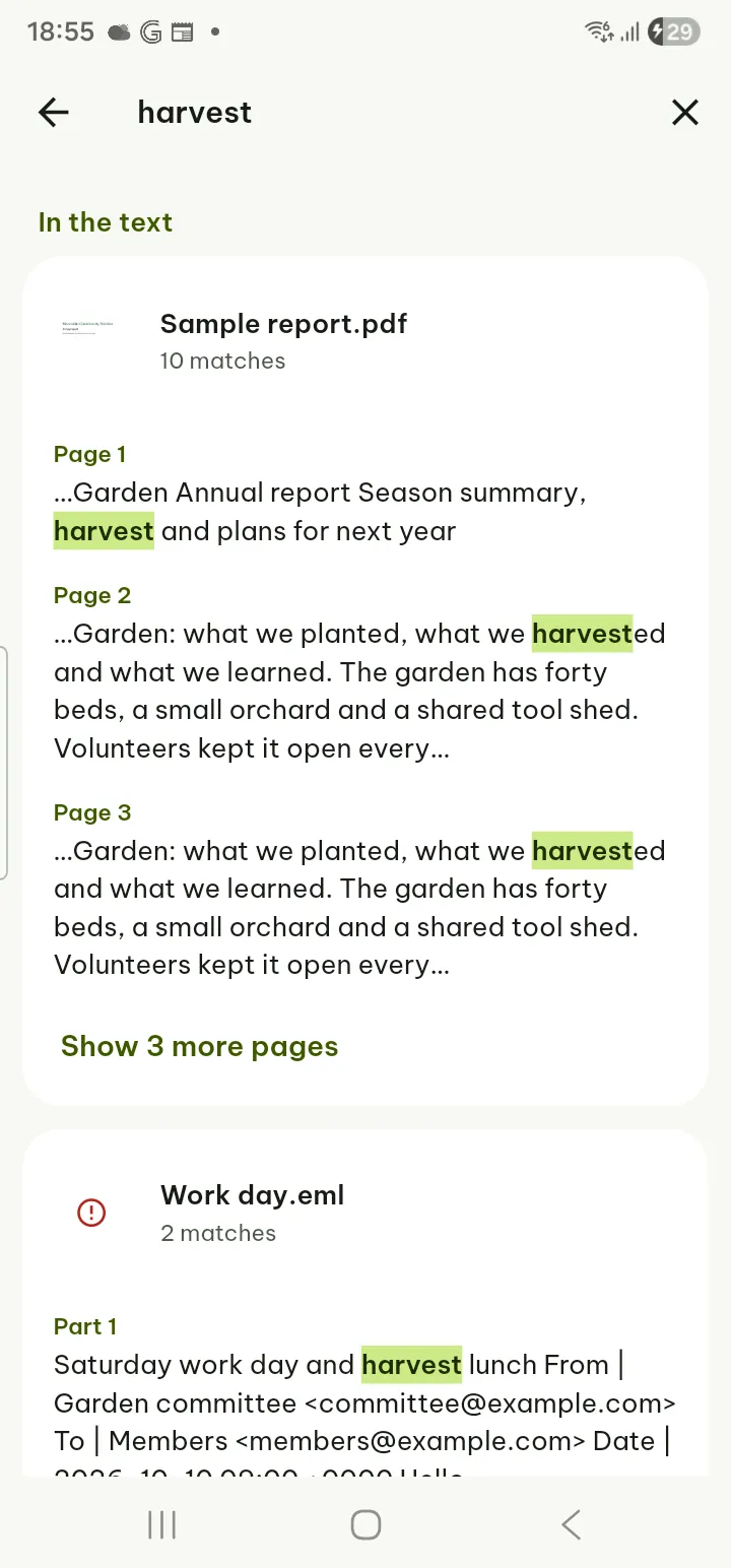 Full-text search results grouped by document