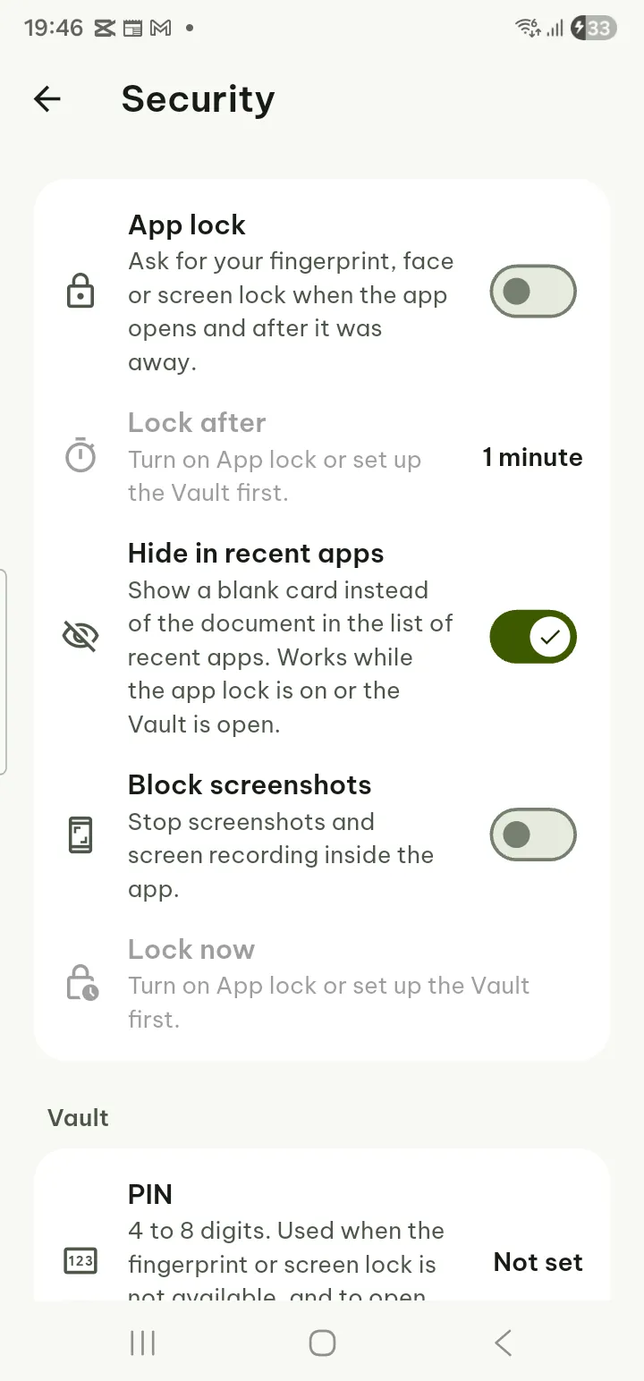 The Security settings page with App lock and Vault