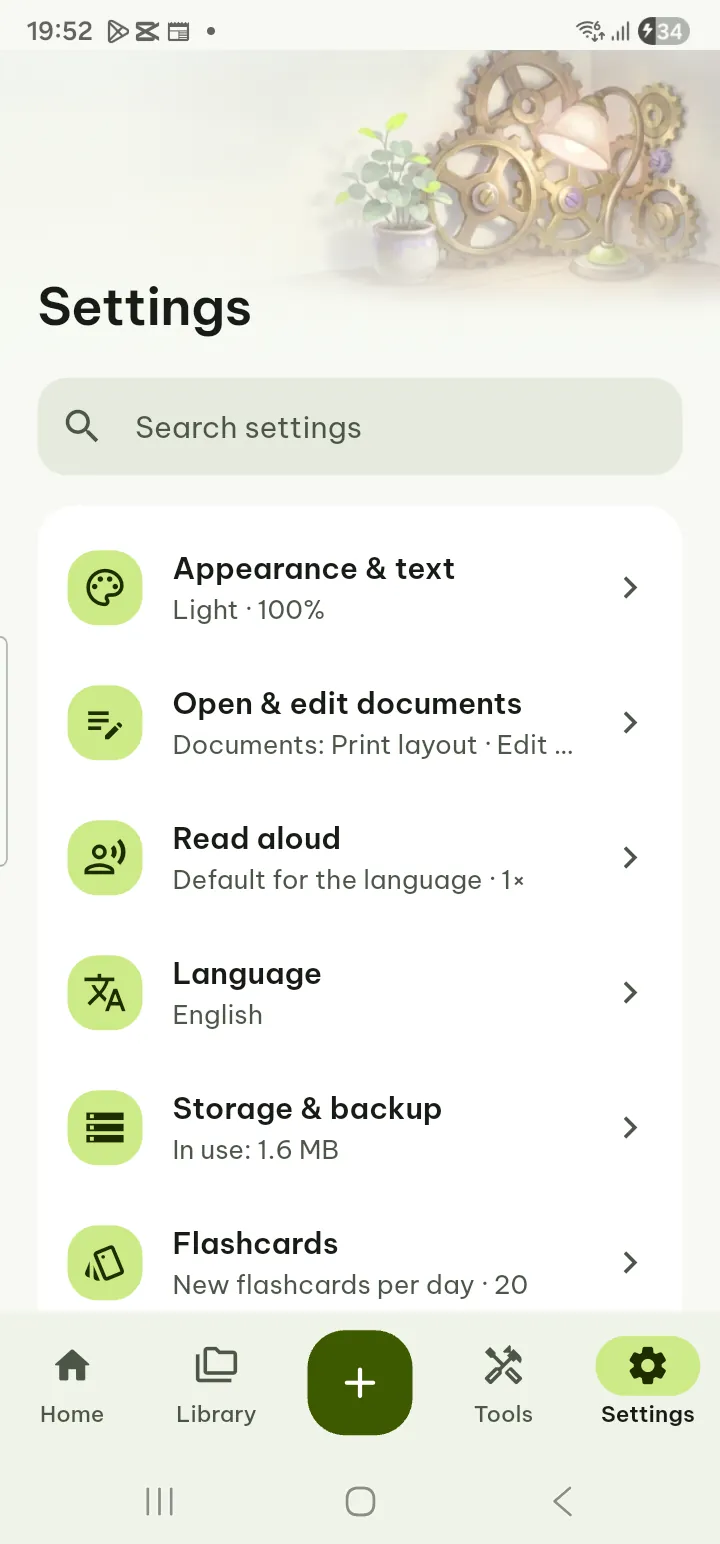 The Settings screen listing its pages