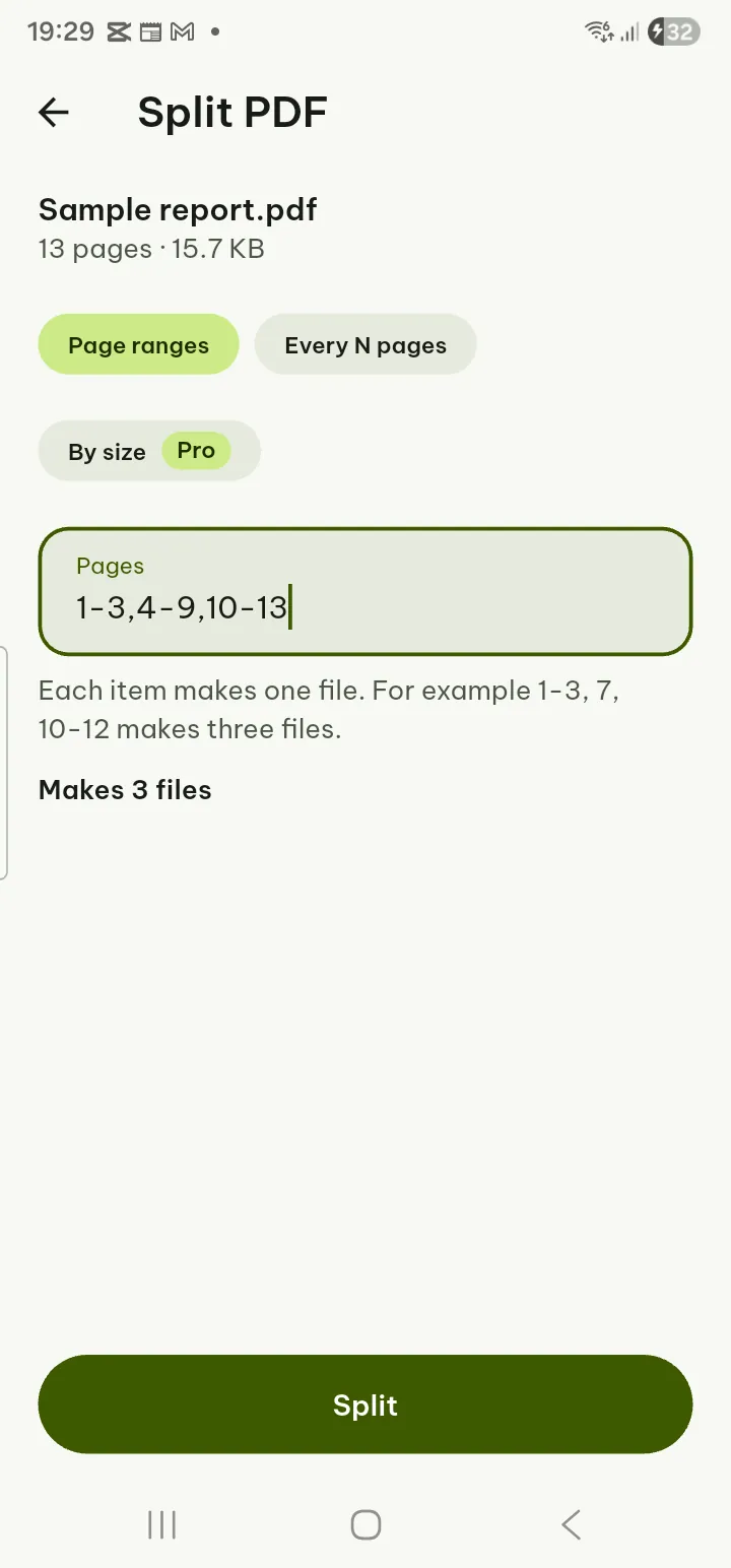 The Split PDF screen with Page ranges selected