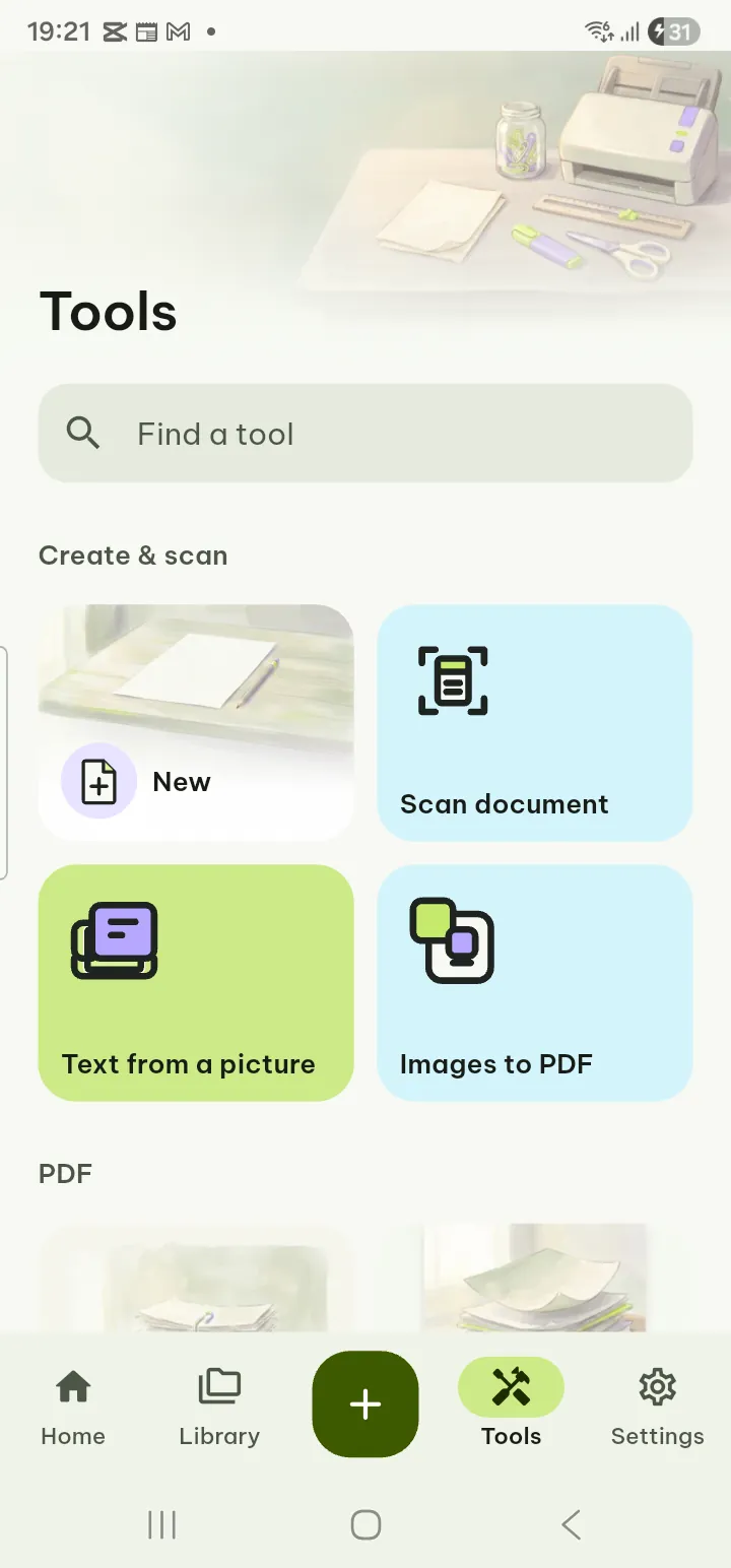 The Tools tab with tool cards grouped by section and a search field at the top